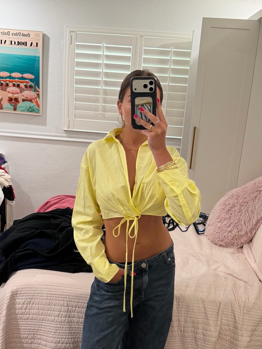 Zara Yellow Cropped Tie-Front Shirt
